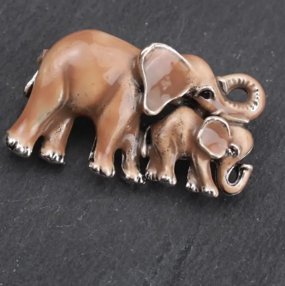 Brown MOTHER BABY Elephant Brooch